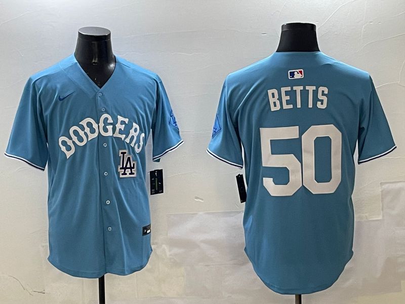 Men Los Angeles Dodgers 50 Betts Light Blue Throwback Game 2025 Nike MLB Jersey style 12